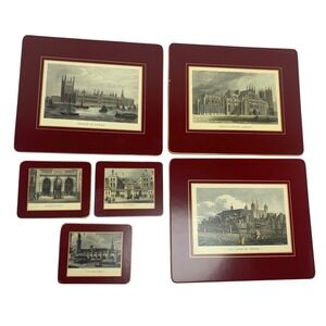 Vintage Harrods Lady Clare London Landmarks 6 Placemats Burgundy Gold-Tone‎ Trim